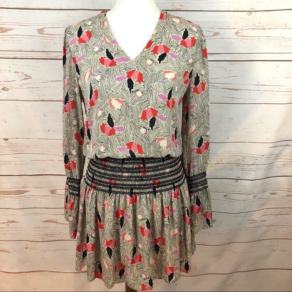 Derek Lam 10 Crosby Abstract Tulip Floral Long Sleeve Smocked Silk Dress